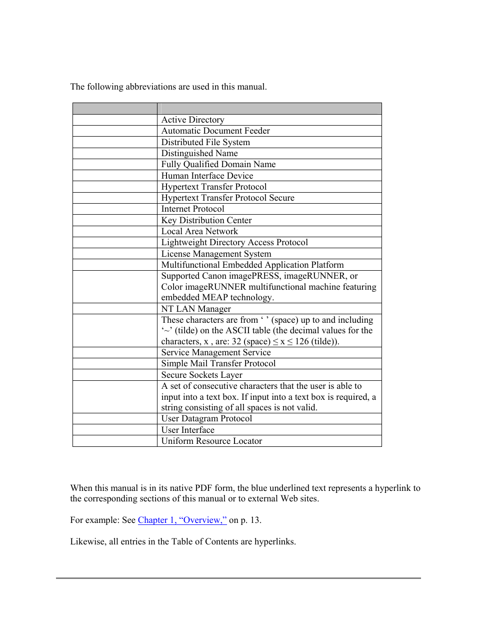Abbreviations and terms used in this manual, Hyperlinks | Canon Authorized Sen for ImageRUNNER Machines Version 4.1 User Manual | Page 10 / 176