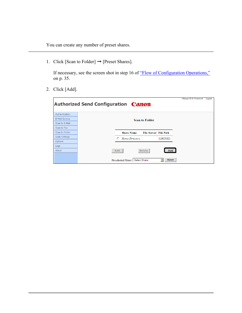 Creating a preset share, Click [create]. (see, Creating a | Preset share, On p. 103.), P. 103.), 12 creating a preset share | Canon Authorized Sen for ImageRUNNER Machines Version 4.1 User Manual | Page 103 / 176
