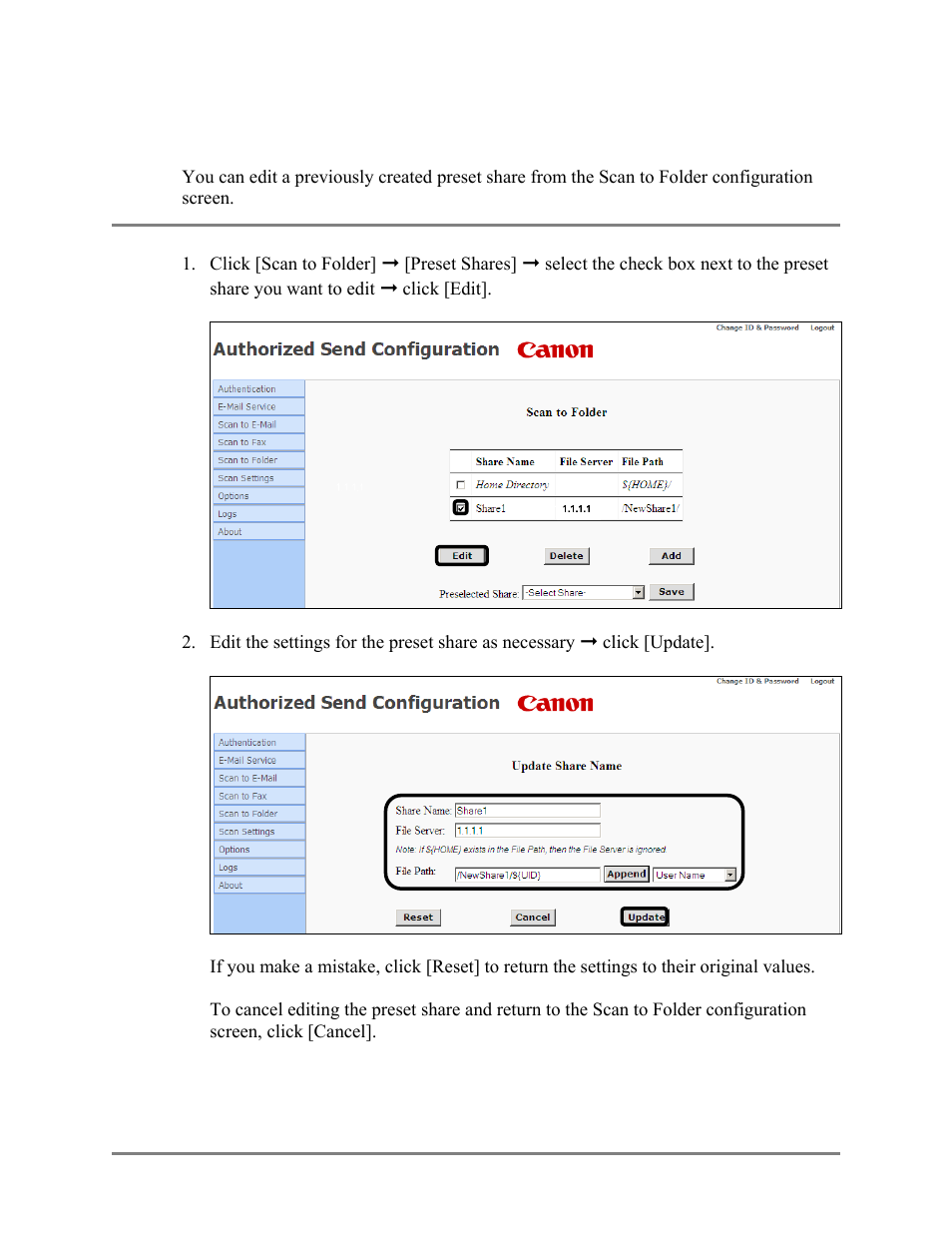 Editing a preset share, 13 editing a preset share | Canon Authorized Sen for ImageRUNNER Machines Version 4.1 User Manual | Page 106 / 176