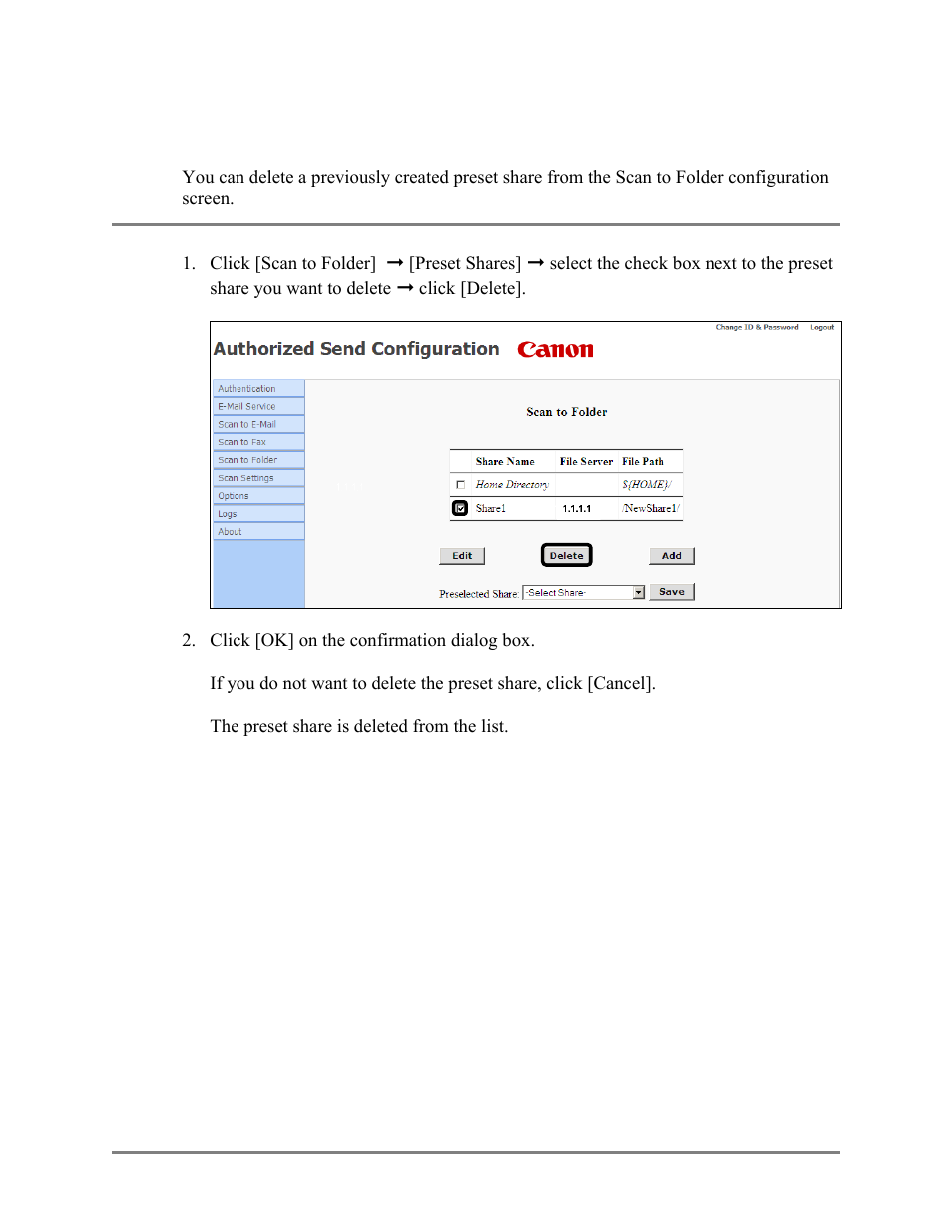 Deleting a preset share, 14 deleting a preset share | Canon Authorized Sen for ImageRUNNER Machines Version 4.1 User Manual | Page 107 / 176