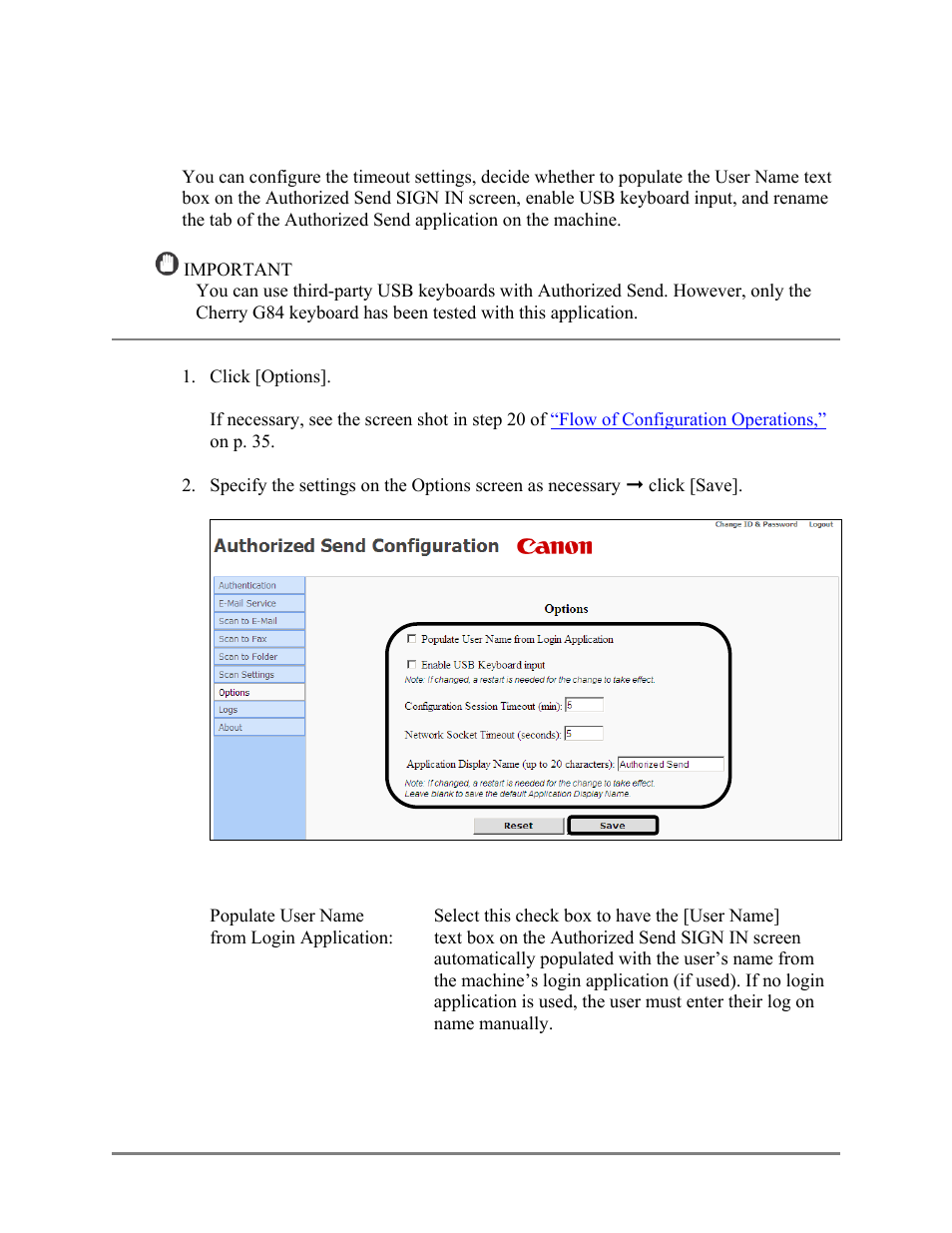 Configuring optional settings, Click [save]. (see, Configuring | Optional settings, On p.113.), 16 configuring optional settings | Canon Authorized Sen for ImageRUNNER Machines Version 4.1 User Manual | Page 113 / 176