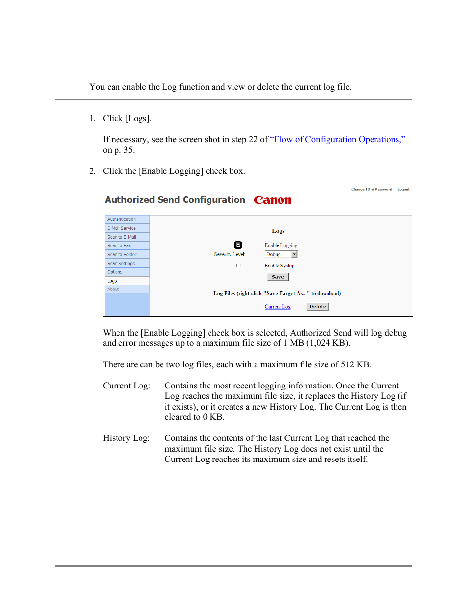 Configuring log settings, On p. 117, 17 configuring log settings | Canon Authorized Sen for ImageRUNNER Machines Version 4.1 User Manual | Page 117 / 176