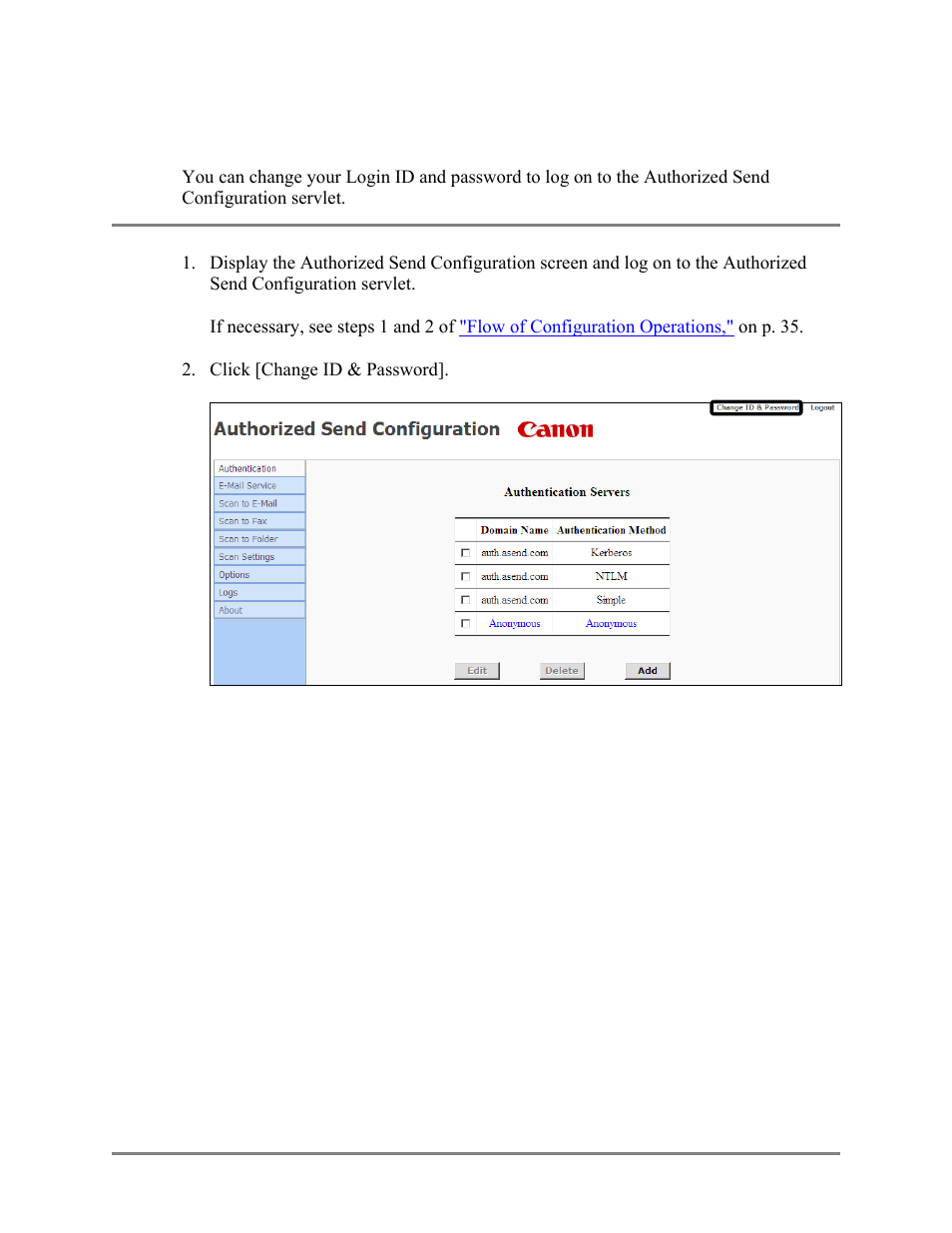 Changing the login id and password, 18 changing the login id and password | Canon Authorized Sen for ImageRUNNER Machines Version 4.1 User Manual | Page 122 / 176