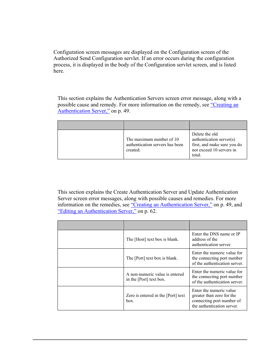 Configuration screen error messages, Authentication servers screen error message, 1 configuration screen error messages | 1 authentication servers screen error message | Canon Authorized Sen for ImageRUNNER Machines Version 4.1 User Manual | Page 152 / 176