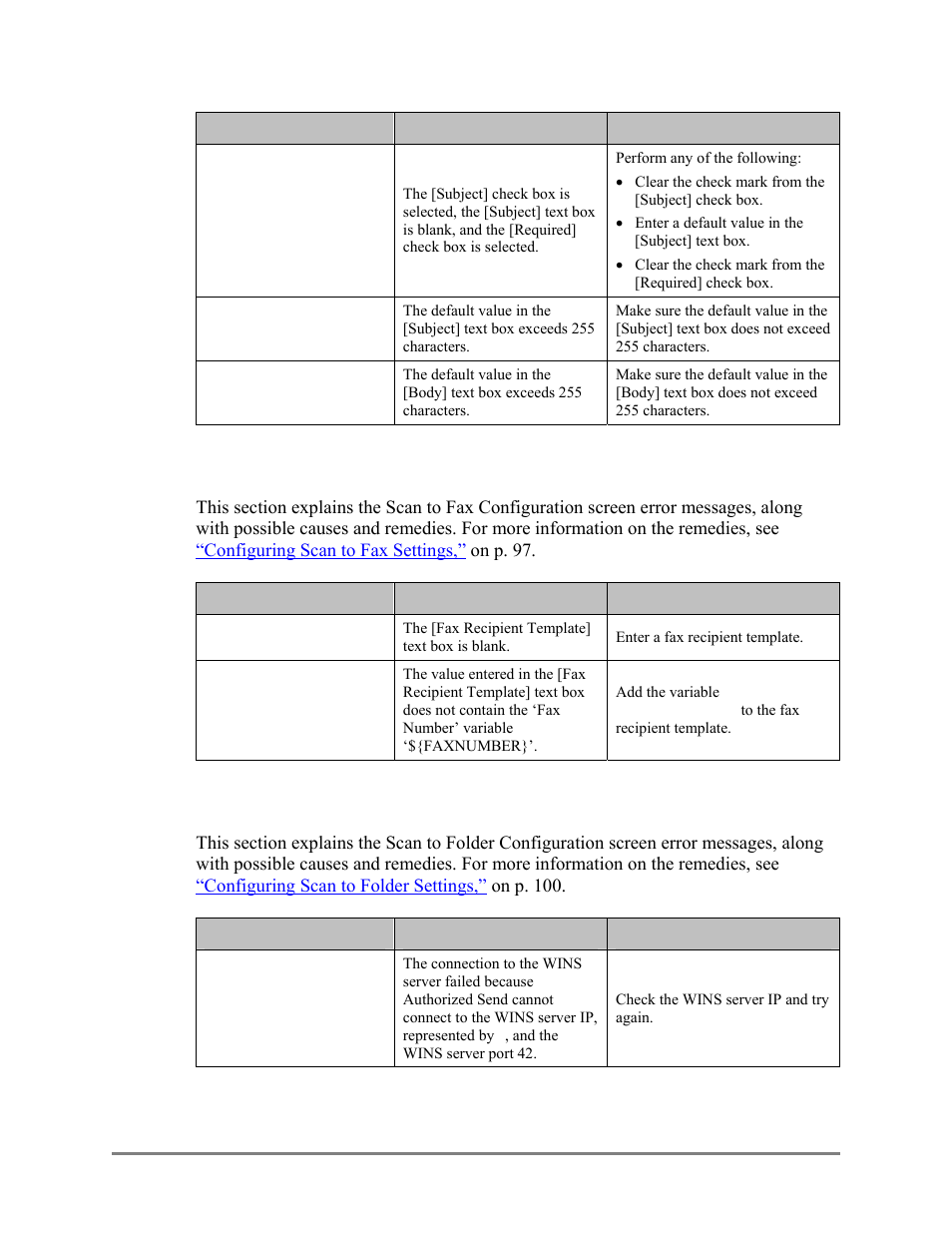 Scan to fax configuration screen error messages, Scan to folder configuration screen error messages, 7 scan to fax configuration screen error messages | Canon Authorized Sen for ImageRUNNER Machines Version 4.1 User Manual | Page 158 / 176