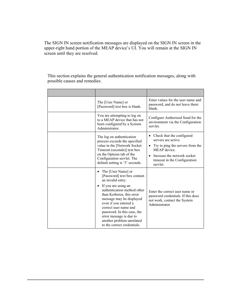 Sign in screen notification messages, General authentication notification messages, 2 sign in screen notification messages | 1 general authentication notification messages | Canon Authorized Sen for ImageRUNNER Machines Version 4.1 User Manual | Page 164 / 176