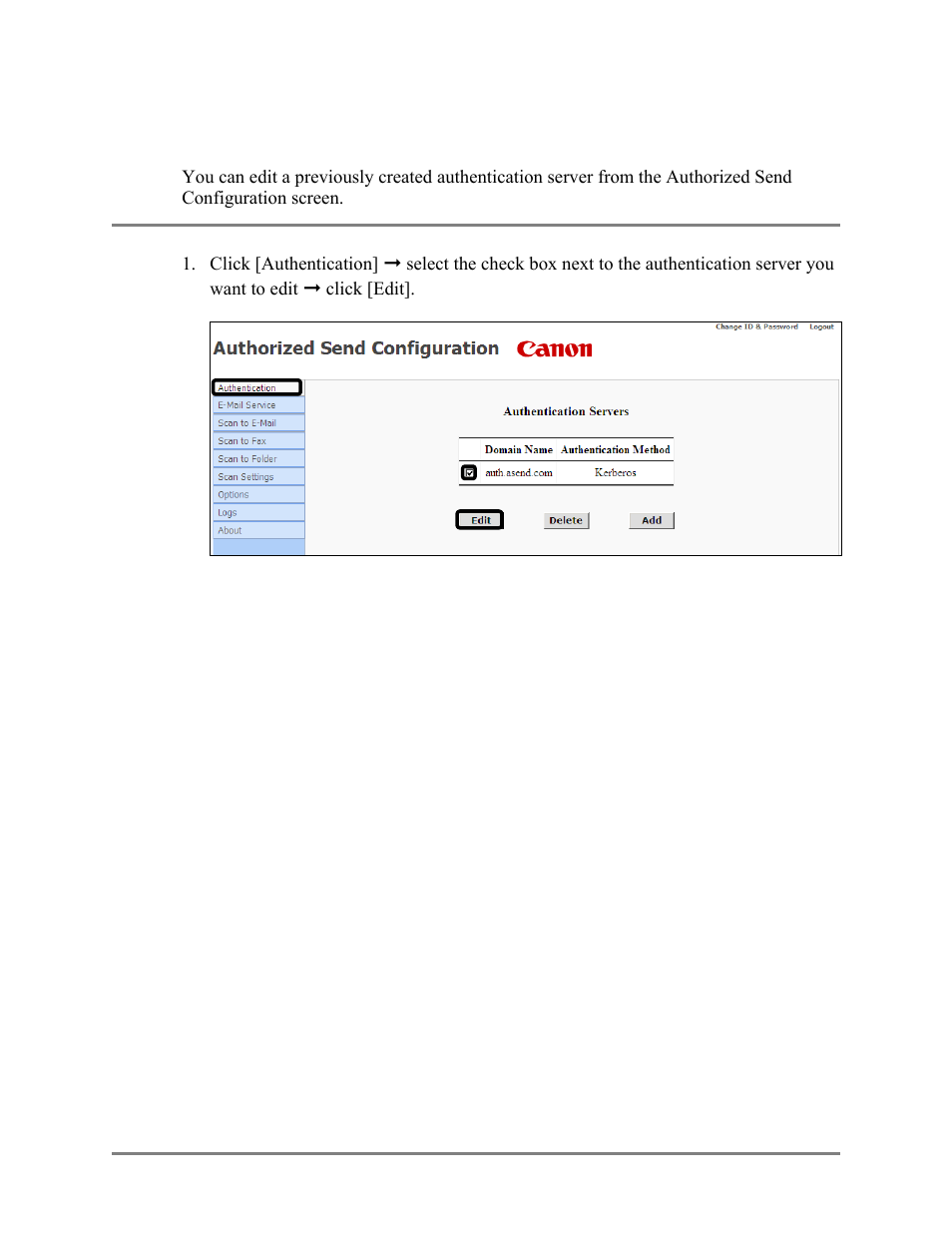 Editing an authentication server, 3 editing an authentication server | Canon Authorized Sen for ImageRUNNER Machines Version 4.1 User Manual | Page 62 / 176