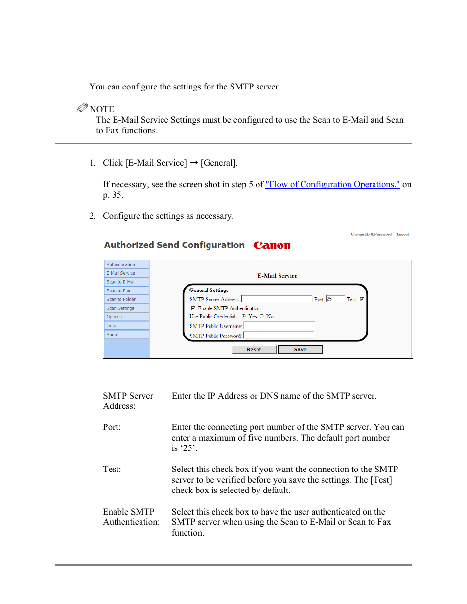 Configuring the e-mail service settings, 5 configuring the e-mail service settings | Canon Authorized Sen for ImageRUNNER Machines Version 4.1 User Manual | Page 65 / 176