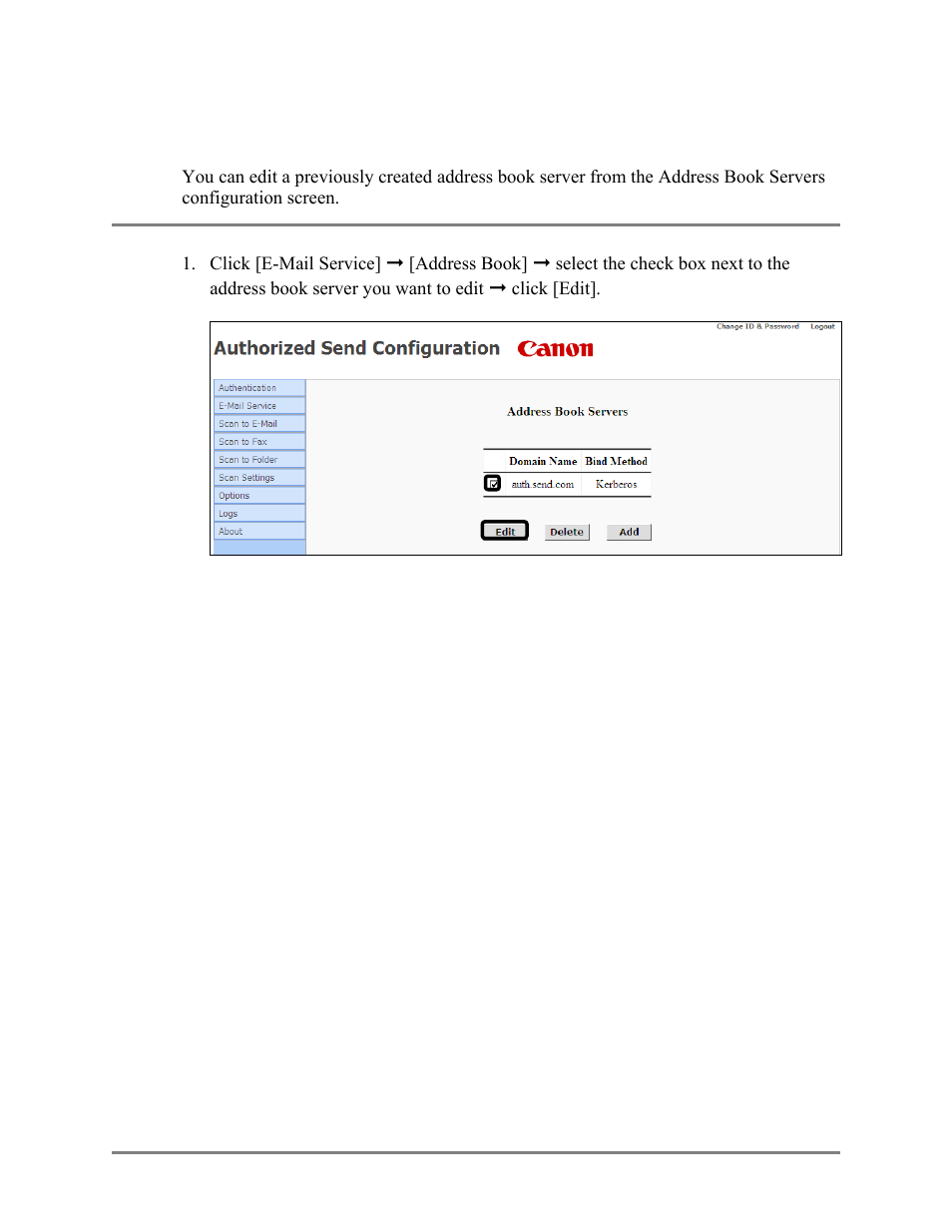 Editing an address book server, 7 editing an address book server | Canon Authorized Sen for ImageRUNNER Machines Version 4.1 User Manual | Page 90 / 176