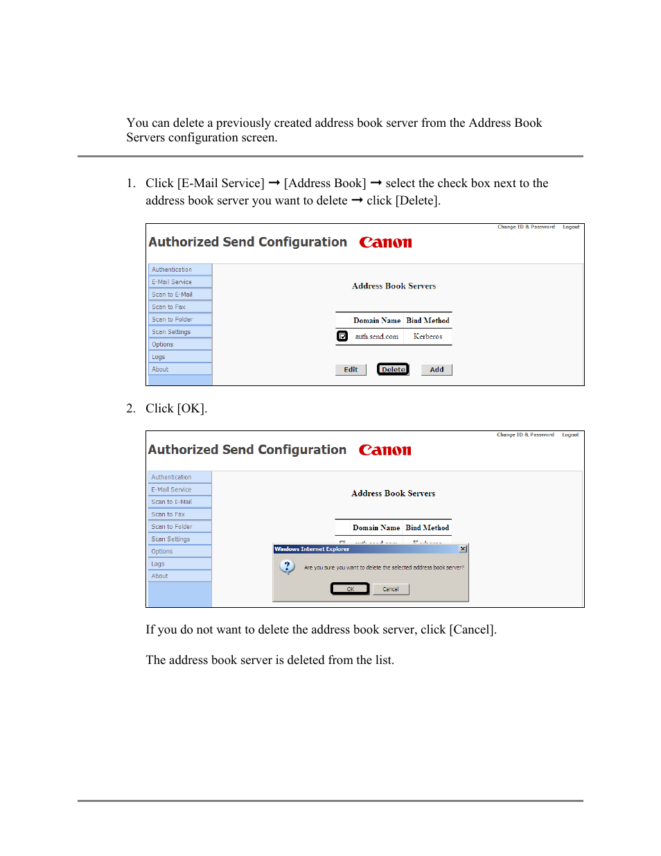 Deleting an address book server, 8 deleting an address book server | Canon Authorized Sen for ImageRUNNER Machines Version 4.1 User Manual | Page 92 / 176