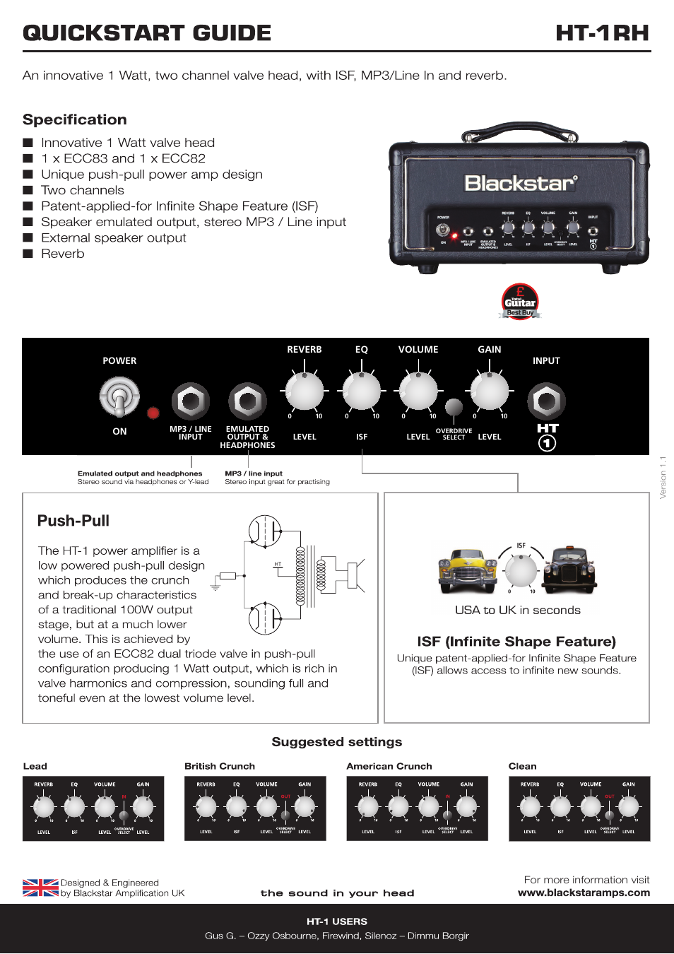 Blackstar HT-1RH Quick start User Manual | 1 page