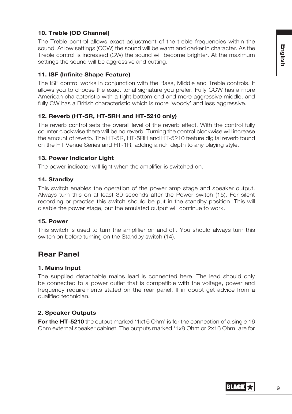 Rear panel | Blackstar HT-5210 User Manual | Page 10 / 60