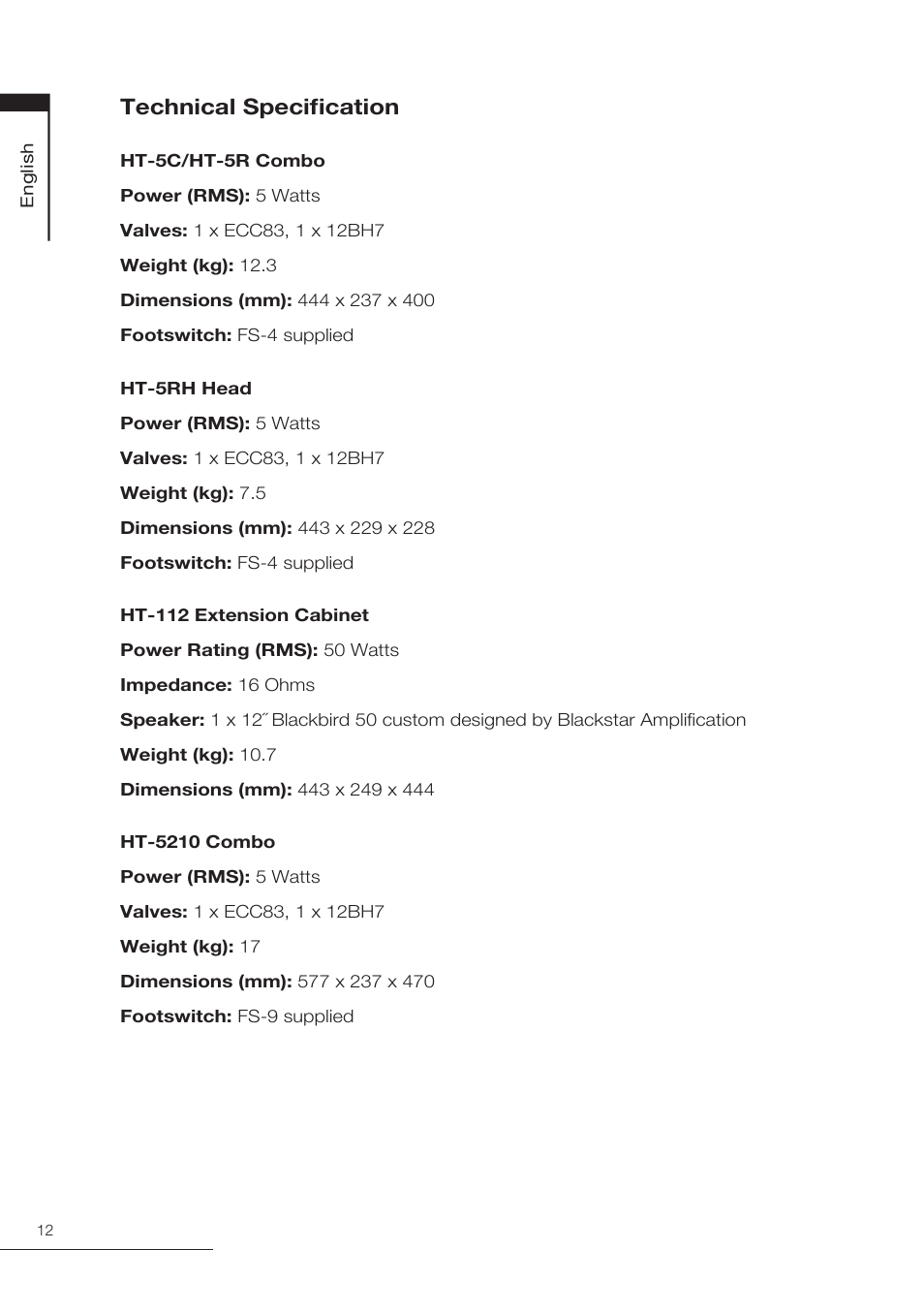 Technical specification | Blackstar HT-5210 User Manual | Page 13 / 60