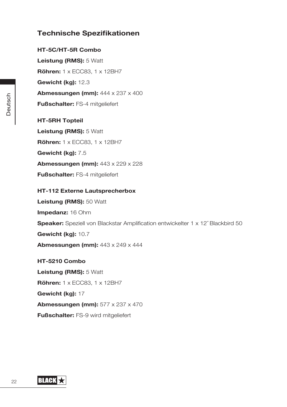 Technische spezifikationen | Blackstar HT-5210 User Manual | Page 23 / 60