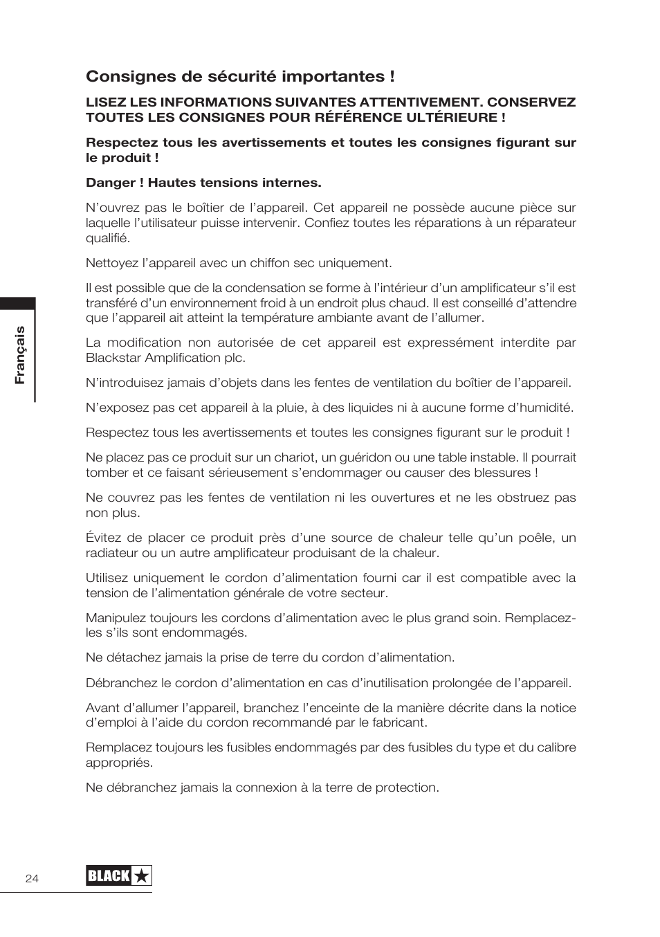 Consignes de sécurité importantes | Blackstar HT-5210 User Manual | Page 25 / 60