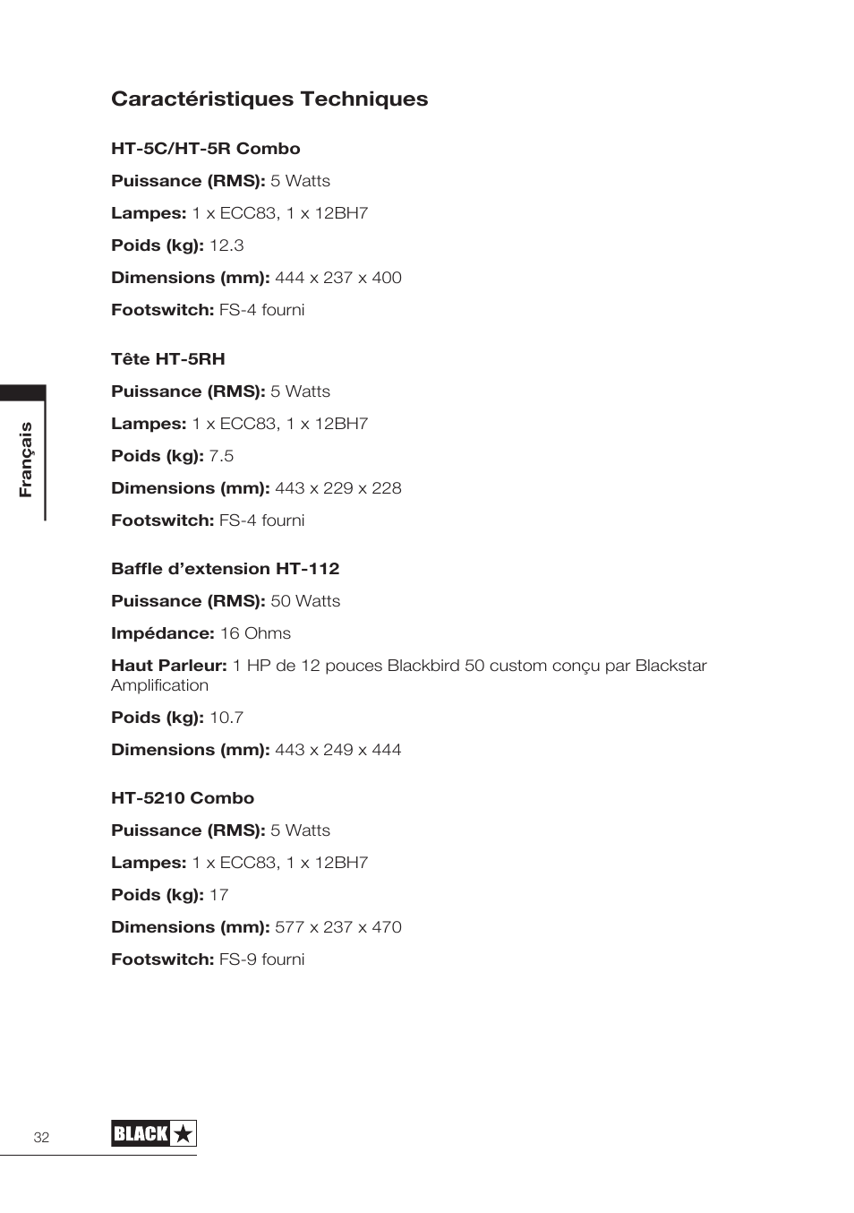 Caractéristiques techniques | Blackstar HT-5210 User Manual | Page 33 / 60