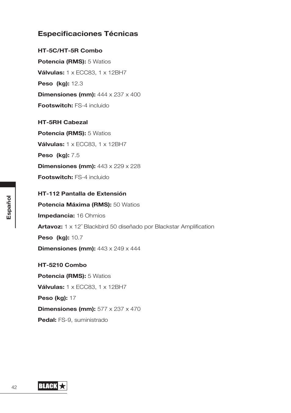 Especificaciones técnicas | Blackstar HT-5210 User Manual | Page 43 / 60