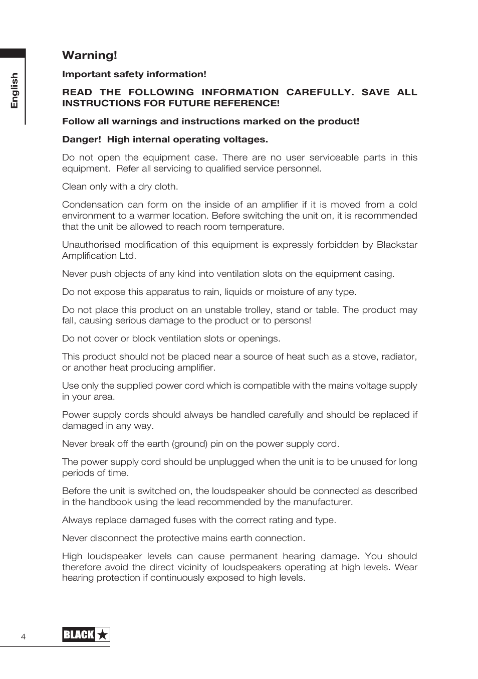 Warning | Blackstar HT-5210 User Manual | Page 5 / 60