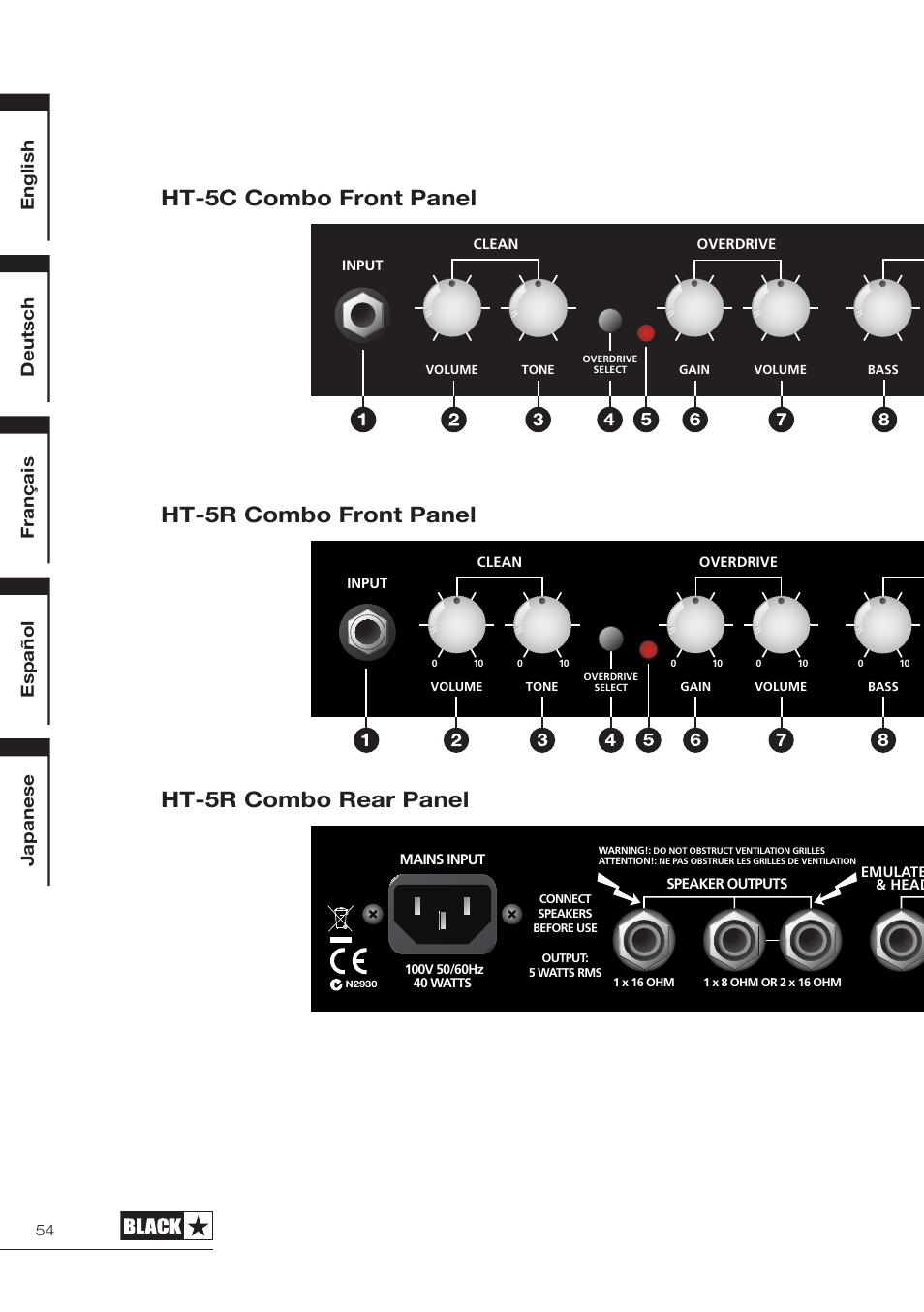 Ht-5r combo front panel ht-5r combo rear panel, Ht-5c combo front panel, English | Français deutsch japanese español | Blackstar HT-5210 User Manual | Page 55 / 60