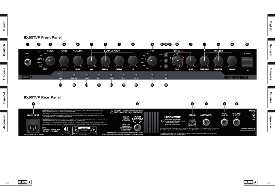 Id:60tvp front panel id:60tvp rear panel, English, Deutsch français español japanese english | Français deutsch japanese español | Blackstar ID:60TVP User Manual | Page 52 / 57