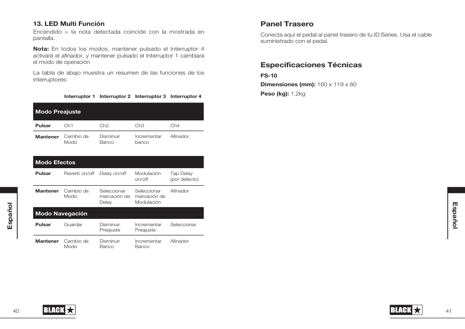 Panel trasero, Especificaciones técnicas | Blackstar FS-10 User Manual | Page 21 / 28