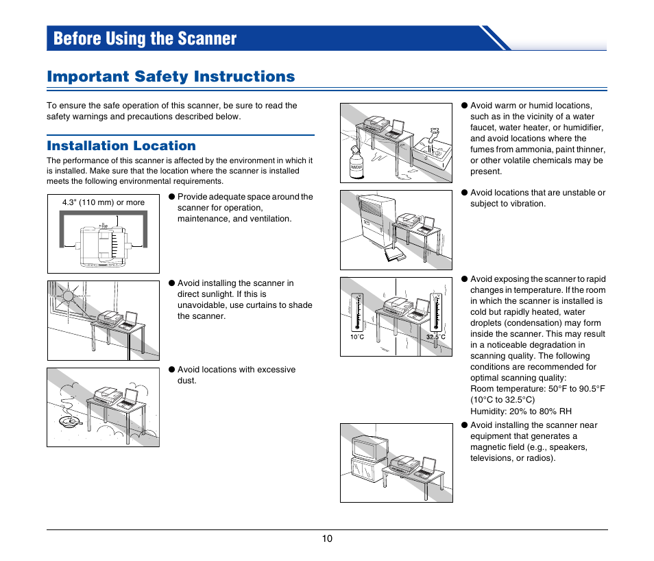 Before using the scanner, Important safety instructions, Installation location | Canon IMAGEFORMULA DR-2020U User Manual | Page 10 / 77