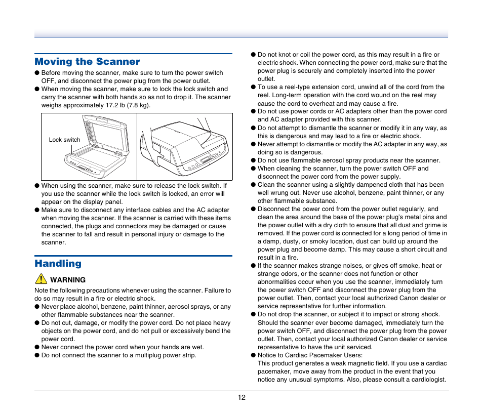 Moving the scanner, Handling, Moving the scanner handling | Canon IMAGEFORMULA DR-2020U User Manual | Page 12 / 77