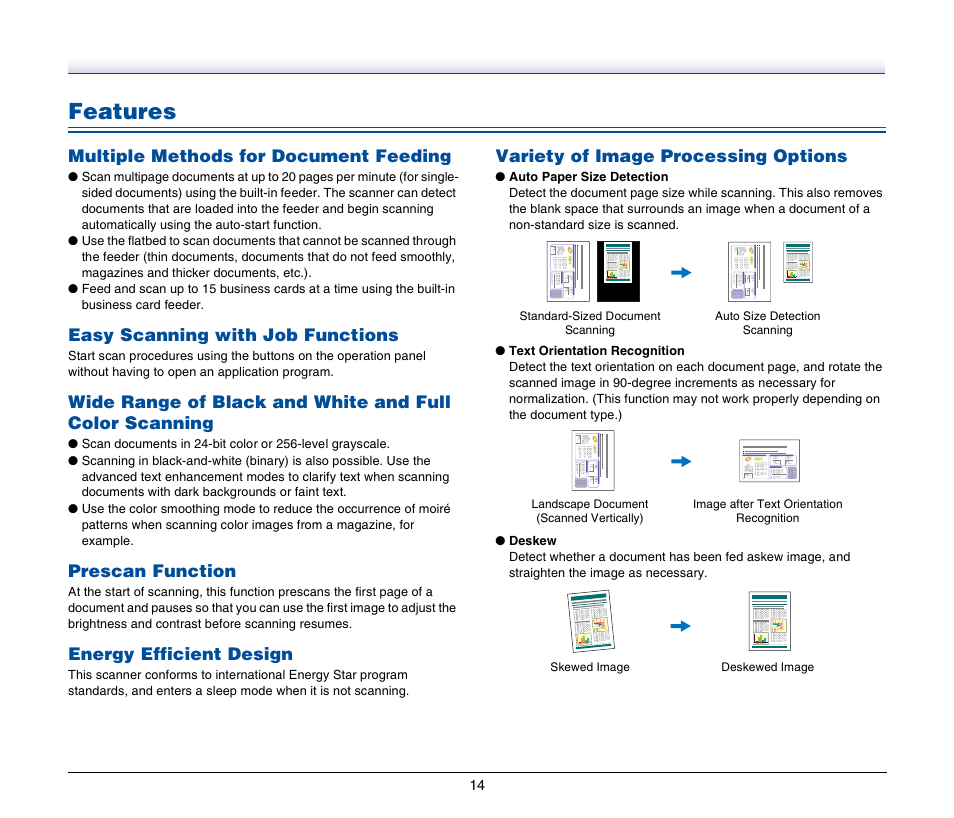 Features, Multiple methods for document feeding, Easy scanning with job functions | Prescan function, Energy efficient design, Variety of image processing options | Canon IMAGEFORMULA DR-2020U User Manual | Page 14 / 77