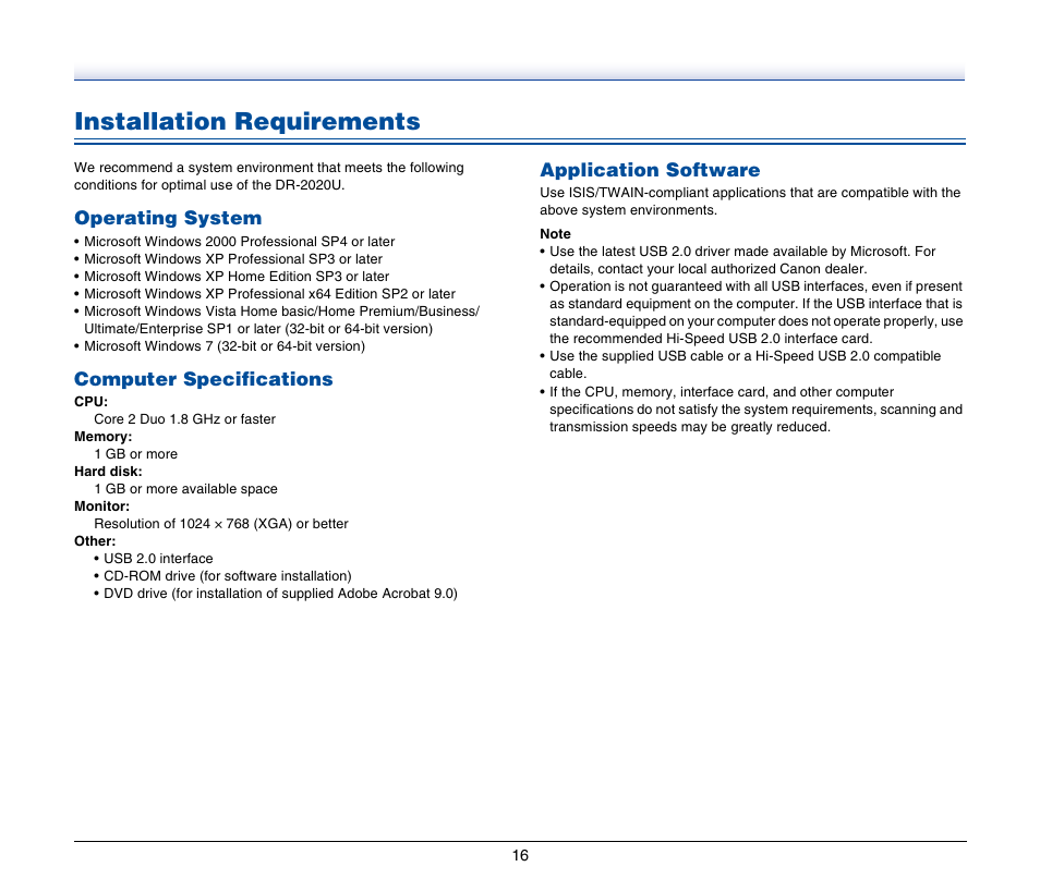 Installation requirements, Operating system, Computer specifications | Application software | Canon IMAGEFORMULA DR-2020U User Manual | Page 16 / 77