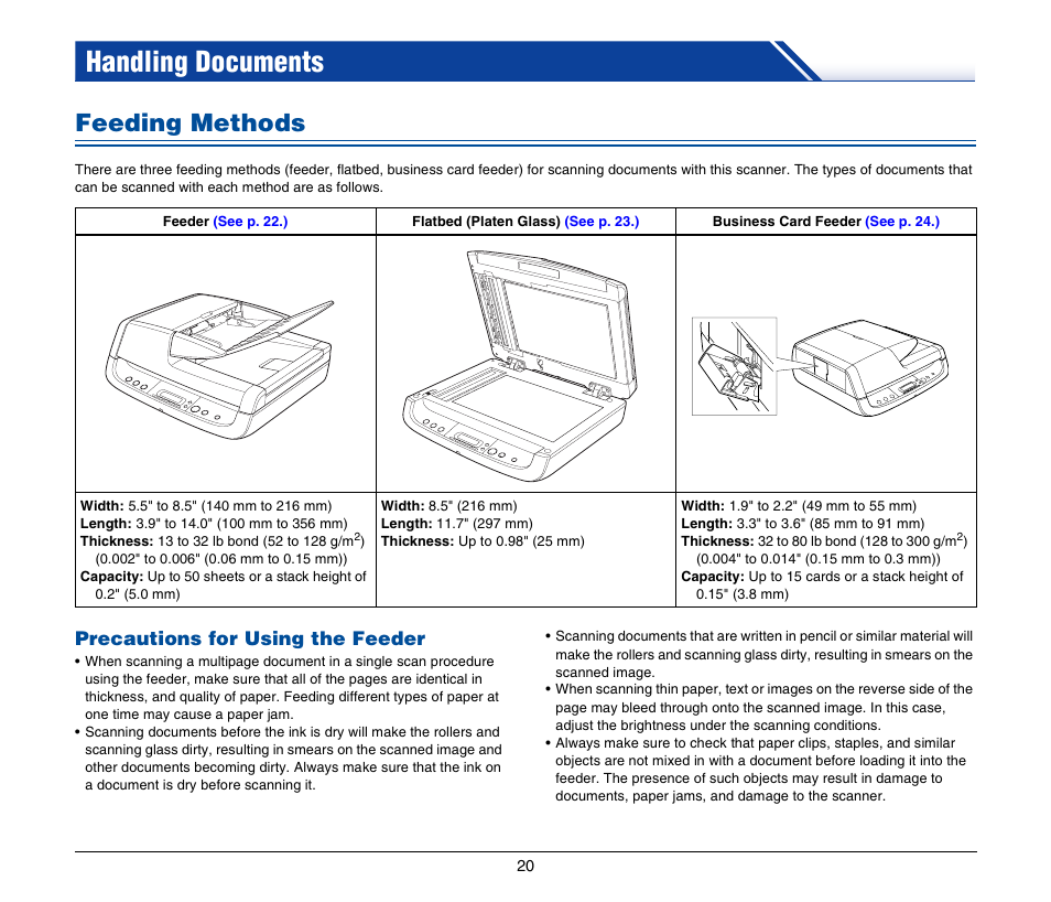 Handling documents, Feeding methods, Precautions for using the feeder | Canon IMAGEFORMULA DR-2020U User Manual | Page 20 / 77