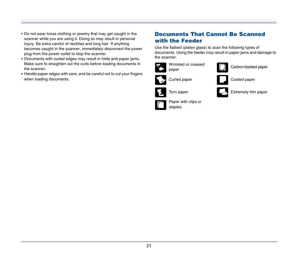 Documents that cannot be scanned with the feeder | Canon IMAGEFORMULA DR-2020U User Manual | Page 21 / 77