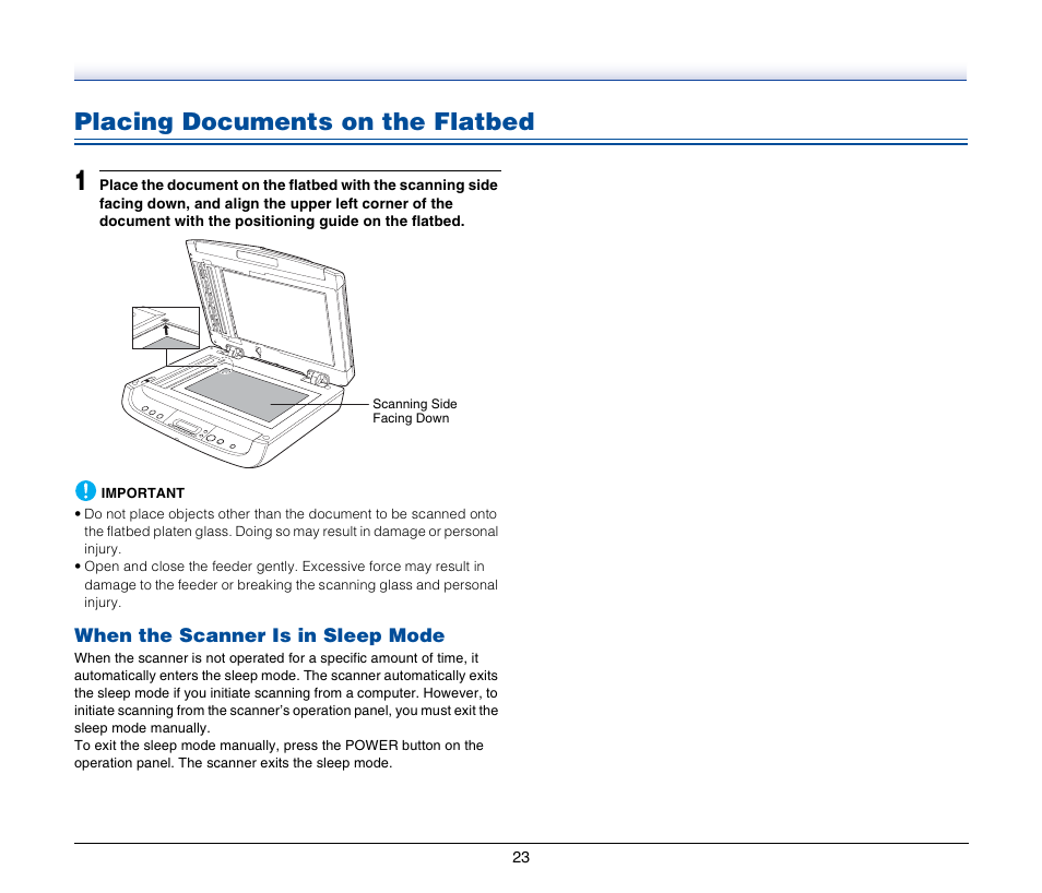 Placing documents on the flatbed, When the scanner is in sleep mode, See p. 23.) | Canon IMAGEFORMULA DR-2020U User Manual | Page 23 / 77
