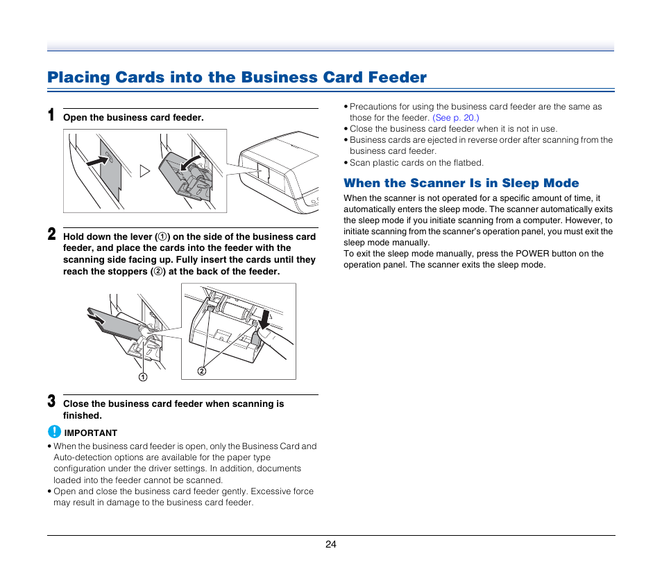 Placing cards into the business card feeder, When the scanner is in sleep mode, See p. 24.) | Canon IMAGEFORMULA DR-2020U User Manual | Page 24 / 77