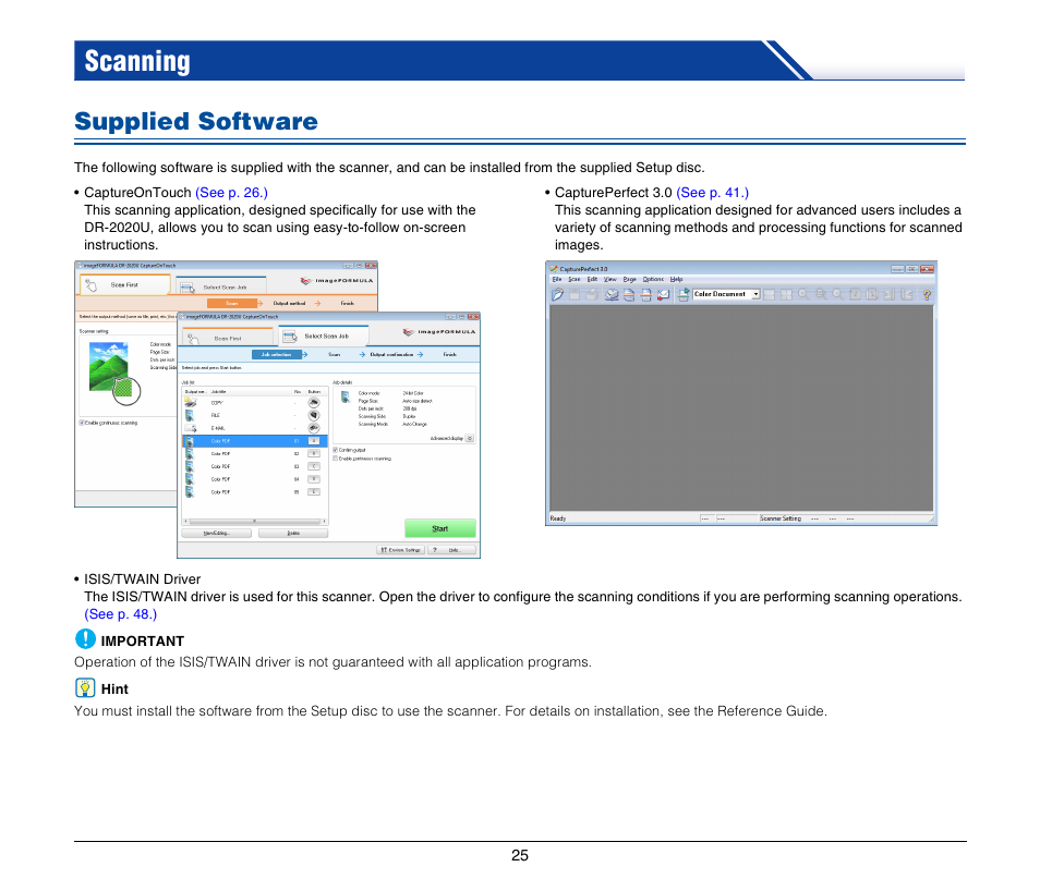 Scanning, Supplied software | Canon IMAGEFORMULA DR-2020U User Manual | Page 25 / 77