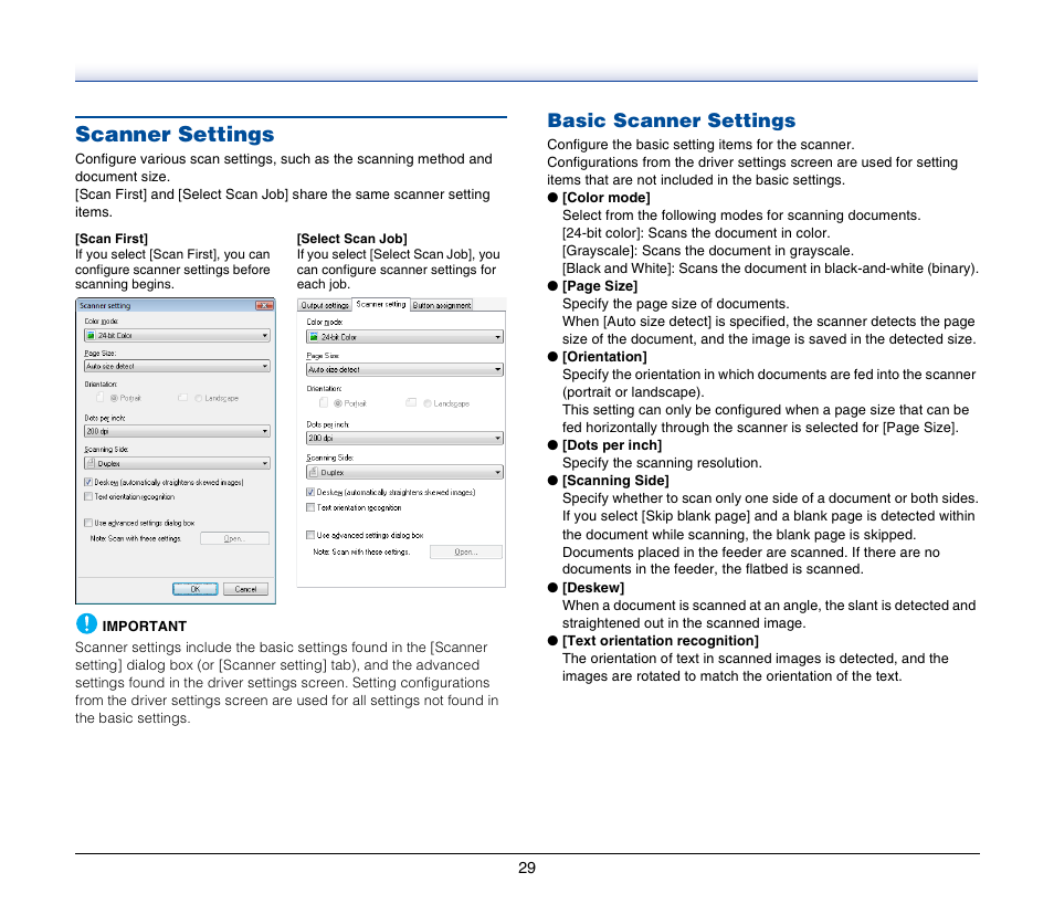 Scanner settings, Basic scanner settings | Canon IMAGEFORMULA DR-2020U User Manual | Page 29 / 77