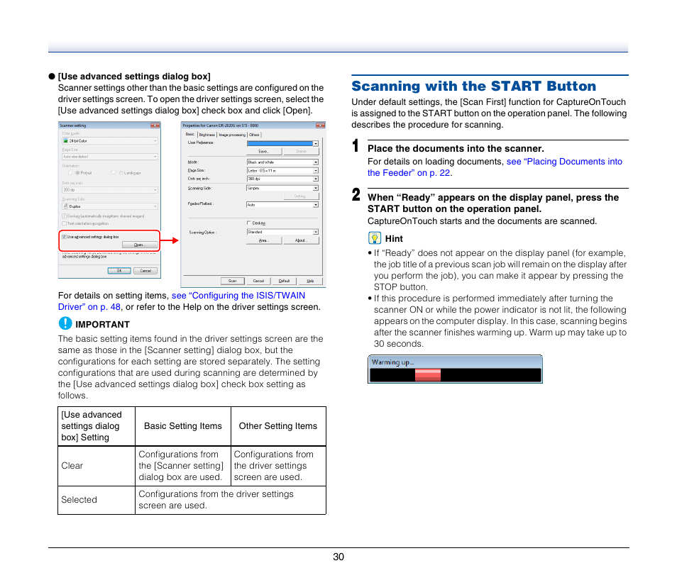 Scanning with the start button | Canon IMAGEFORMULA DR-2020U User Manual | Page 30 / 77