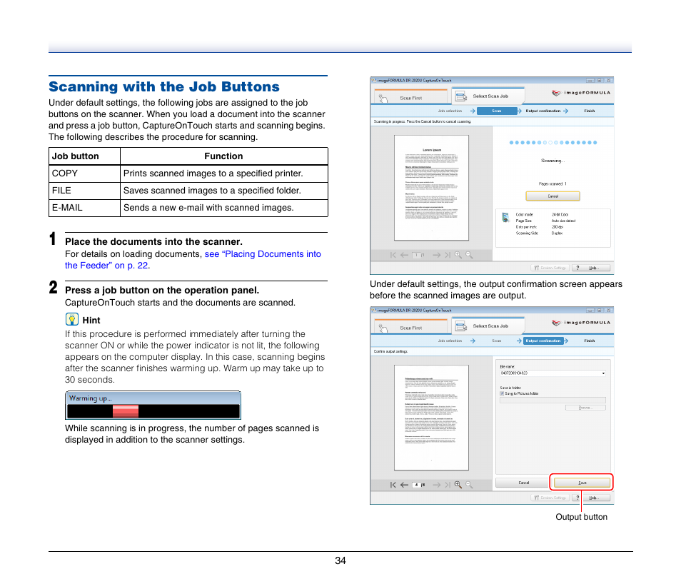Scanning with the job buttons | Canon IMAGEFORMULA DR-2020U User Manual | Page 34 / 77