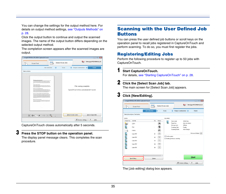 Scanning with the user defined job buttons, Registering/editing jobs | Canon IMAGEFORMULA DR-2020U User Manual | Page 35 / 77