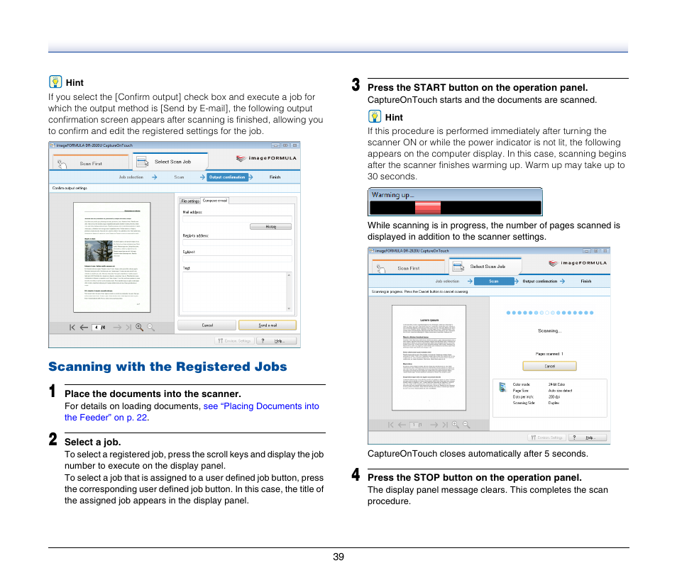 Scanning with the registered jobs | Canon IMAGEFORMULA DR-2020U User Manual | Page 39 / 77