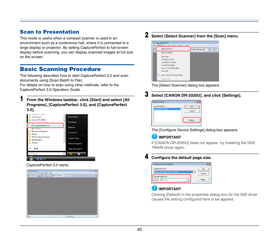 Scan to presentation, Basic scanning procedure | Canon IMAGEFORMULA DR-2020U User Manual | Page 42 / 77