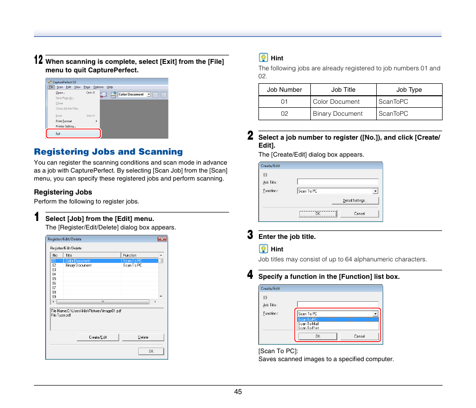 Registering jobs and scanning | Canon IMAGEFORMULA DR-2020U User Manual | Page 45 / 77