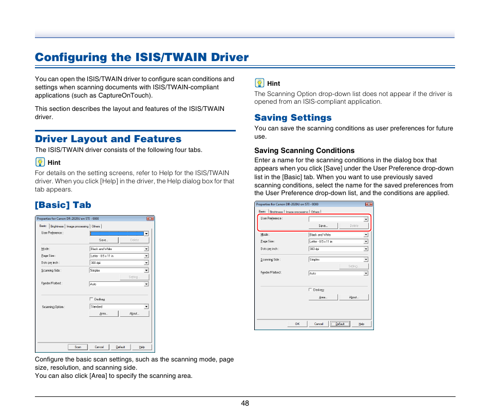 Configuring the isis/twain driver, Driver layout and features, Basic] tab | Saving settings, Basic] tab saving settings, See p. 48.), See “configuring the isis/twain, Driver” on p. 48 | Canon IMAGEFORMULA DR-2020U User Manual | Page 48 / 77