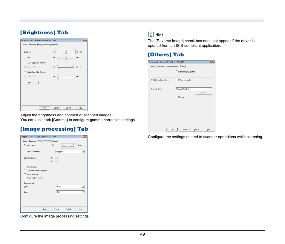 Brightness] tab, Image processing] tab, Others] tab | Canon IMAGEFORMULA DR-2020U User Manual | Page 49 / 77
