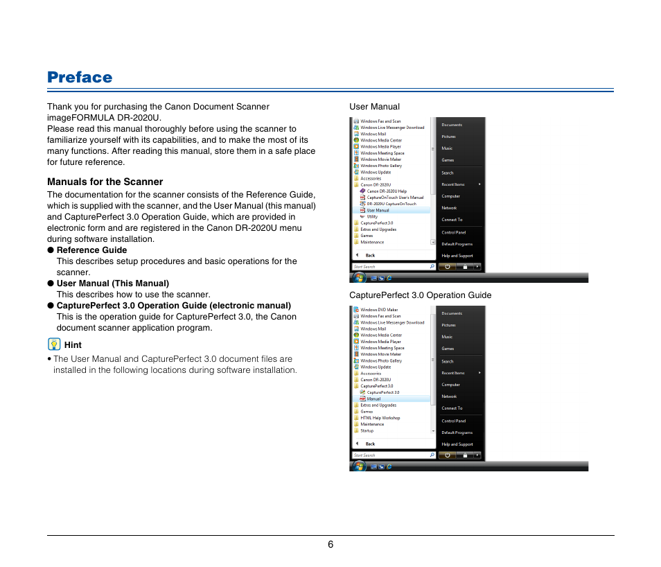 Preface | Canon IMAGEFORMULA DR-2020U User Manual | Page 6 / 77