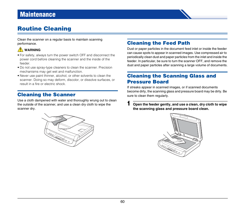 Maintenance, Routine cleaning, Cleaning the scanner | Cleaning the feed path, Cleaning the scanning glass and pressure board | Canon IMAGEFORMULA DR-2020U User Manual | Page 60 / 77