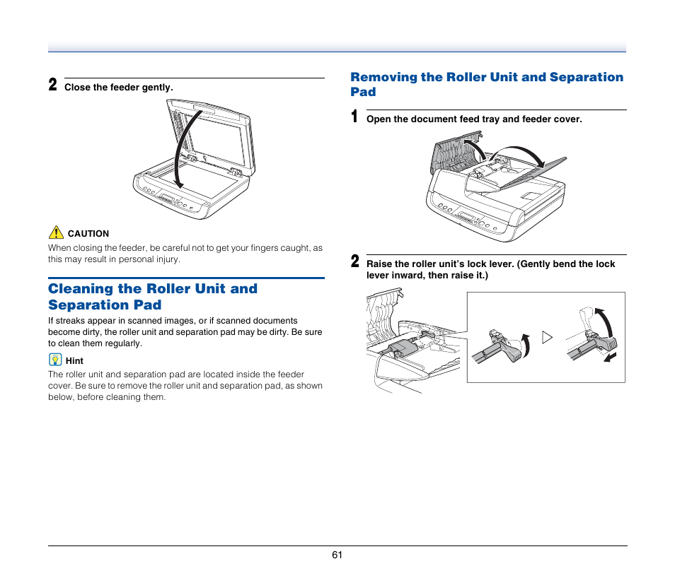 Cleaning the roller unit and separation pad, Removing the roller unit and separation pad | Canon IMAGEFORMULA DR-2020U User Manual | Page 61 / 77