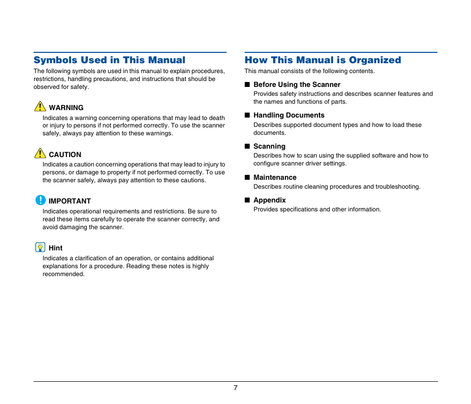 Symbols used in this manual, How this manual is organized | Canon IMAGEFORMULA DR-2020U User Manual | Page 7 / 77