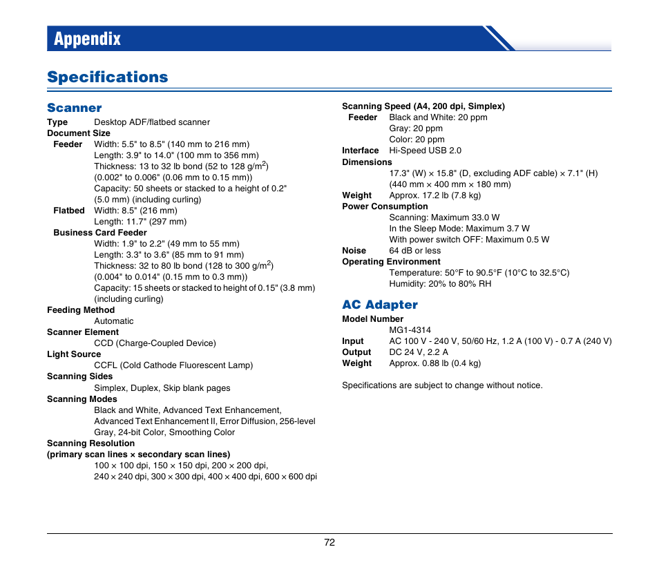 Appendix, Specifications, Scanner | Ac adapter, Scanner ac adapter | Canon IMAGEFORMULA DR-2020U User Manual | Page 72 / 77