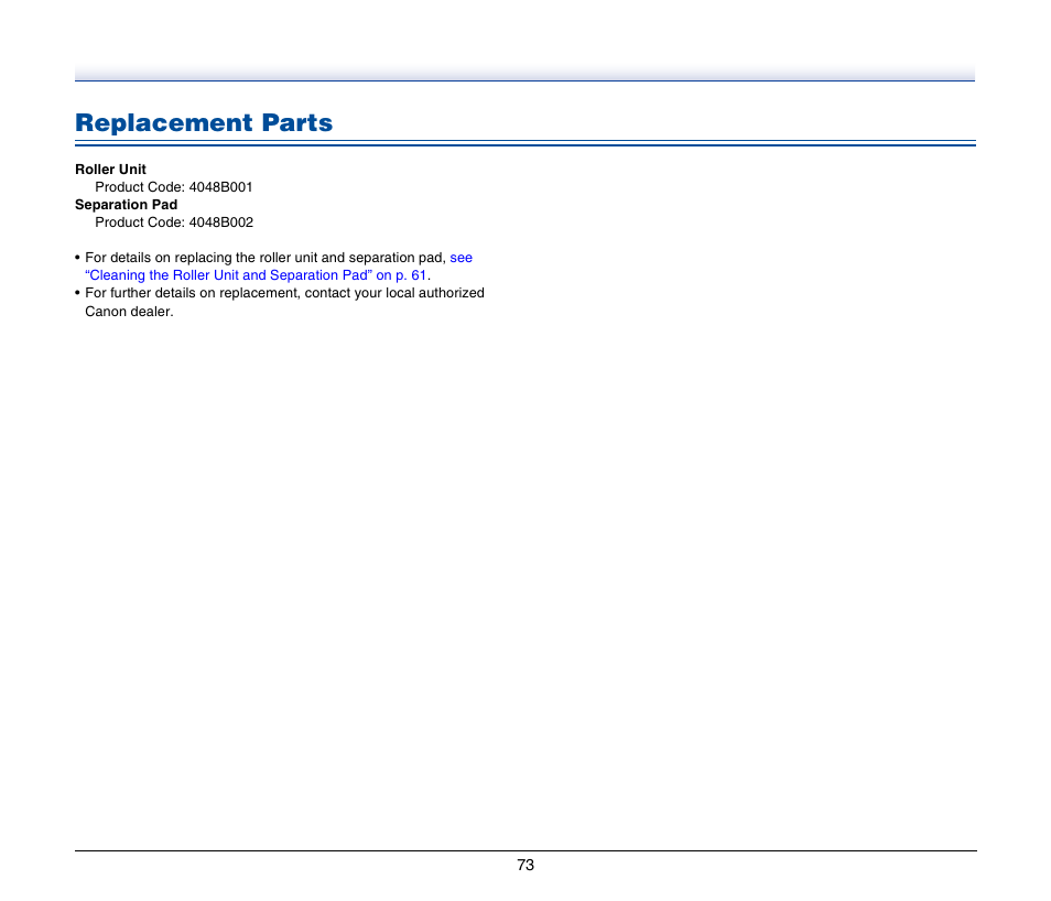 Replacement parts | Canon IMAGEFORMULA DR-2020U User Manual | Page 73 / 77