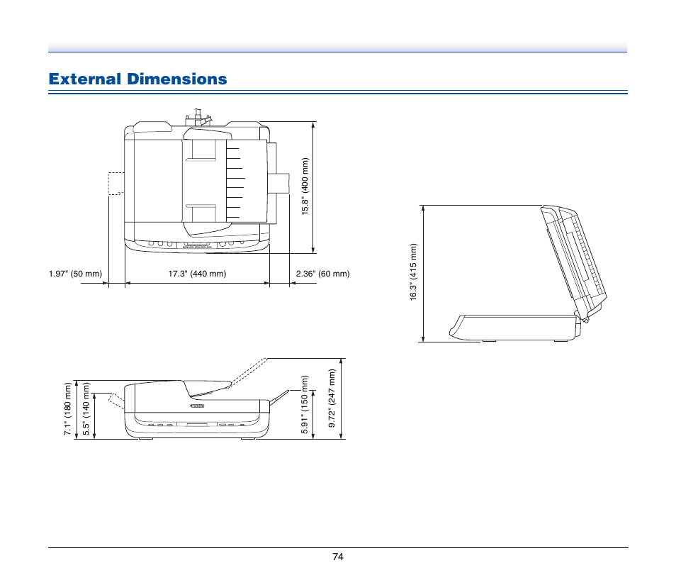 External dimensions | Canon IMAGEFORMULA DR-2020U User Manual | Page 74 / 77